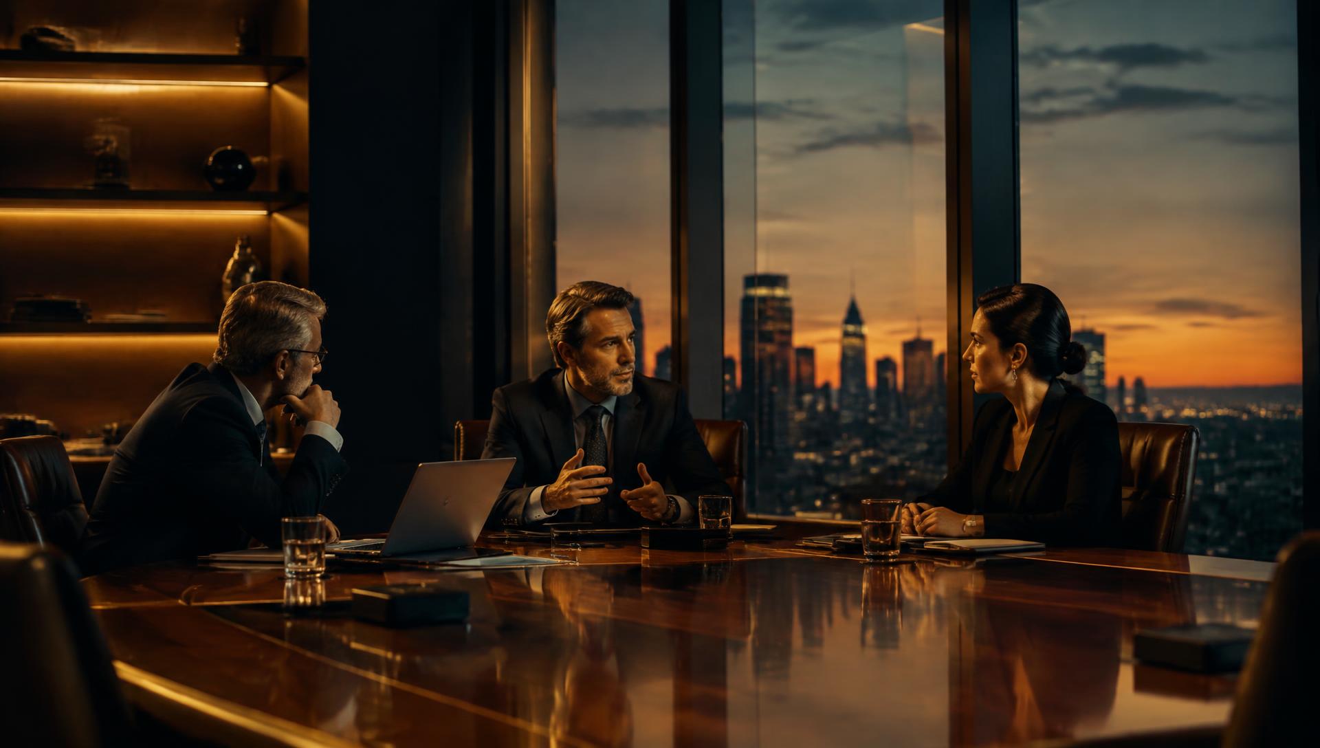 Leaders meeting in a boardroom at dusk